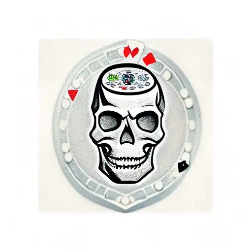skull with poker chips in eyes and cards coming out of mouth tattoo design idea