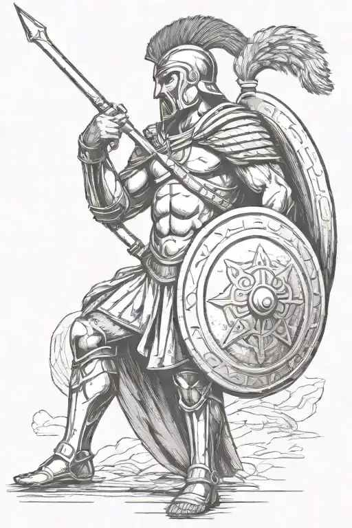 a greek spartan with a spear and a shield staring into the distance thoughtfully tattoo design idea