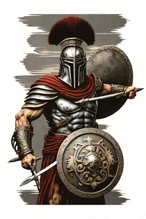 a greek spartan with a spear and a shield staring into the distance thoughtfully tattoo design idea