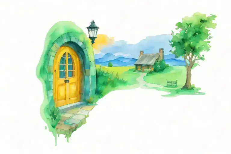 bag end in hobbinton, lord of the rings, scenery, hole in the hill, bilbo smoking a pipe on a bench in front of the door tattoo design idea