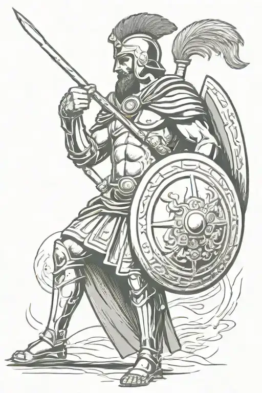 a greek spartan with a spear and a shield staring into the distance thoughtfully tattoo design idea