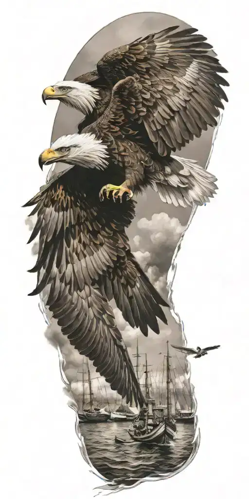 an eagle flying over boats  tattoo design idea