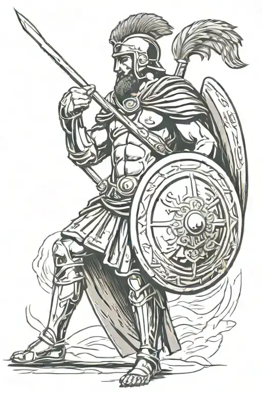 a greek spartan with a spear and a shield staring into the distance thoughtfully tattoo design idea