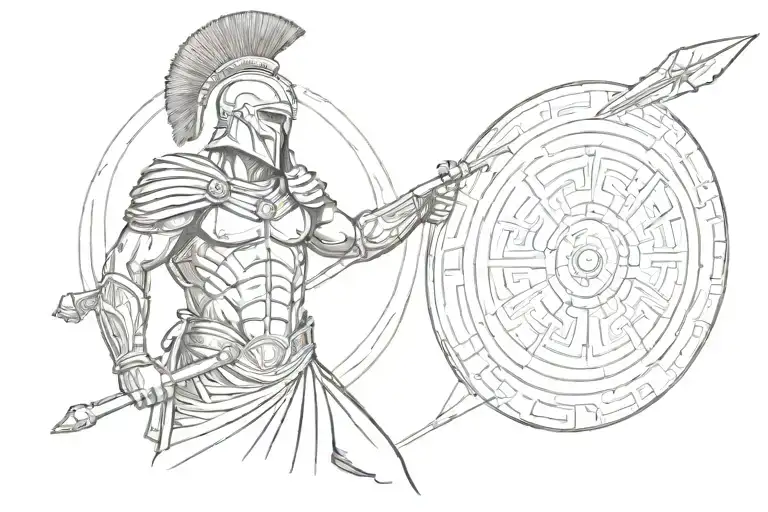 a greek spartan with a spear and a shield staring into the distance thoughtfully tattoo design idea