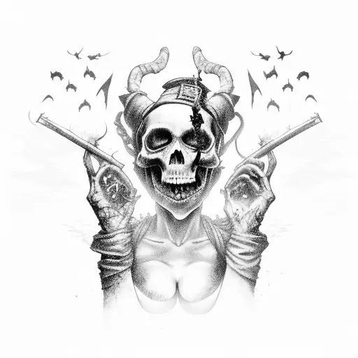 A haunting scene of a witch casting spells amidst a battlefield filled with fallen soldiers tattoo design idea