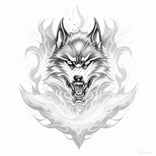 A fearsome war wolf surrounded by swirling smoke and skulls, representing the soldier's connection to death and the supernatural tattoo design idea