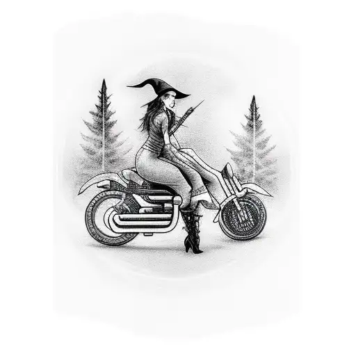 A witch riding a motorcycle through a foggy forest, accompanied by her faithful dog familiar tattoo design idea