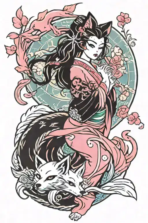 sexy Geisha and Pink nine tailed fox tattoo design idea