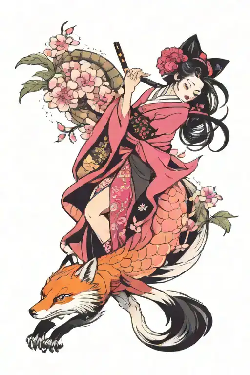 sexy Geisha and Pink nine tailed fox tattoo design idea
