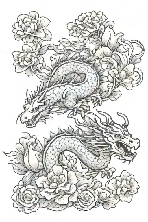 snapdragon flower and dragon flying tattoo design idea