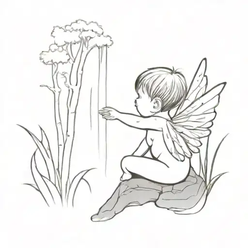 a baby fairy facing back in a woodland, with a waterfall tattoo design idea