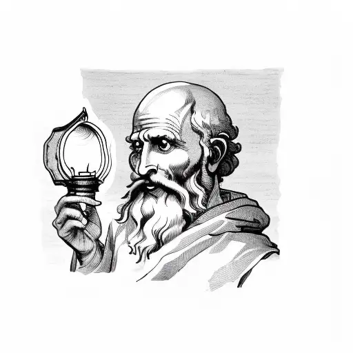 diogenes the philosopher holding a lantern, close up of his face and hand with lantern  tattoo design idea