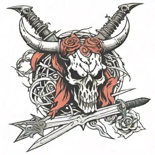sword with bull skull on top and wrapped in barbed wire tattoo design idea