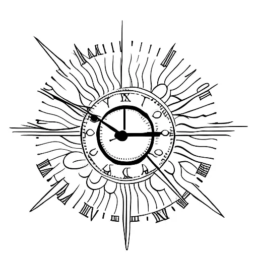 clock made of a sun, with Roman numerals and a moon in it tattoo design idea