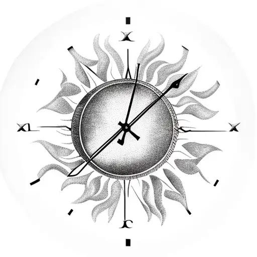 clock made of a sun, with Roman numerals and a moon in it tattoo design idea