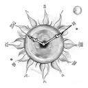 clock made of a sun, with Roman numerals and a moon in it tattoo design idea