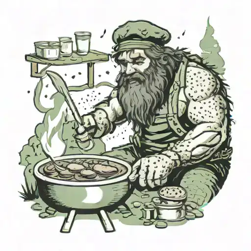 A caveman cooking lunch meat over a fire with a green beret hat nearby tattoo design idea