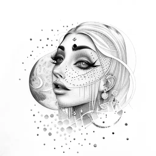Woman with crystals and a moon tattoo design idea