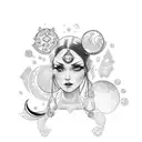 Woman with crystals and a moon tattoo design idea