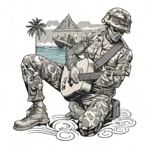 A US Army soldier playing a guitar with a backdrop of the Hawaiian islands tattoo design idea
