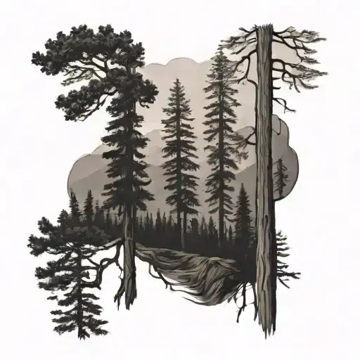 A redwood tree or forest with mountain range tattoo design idea