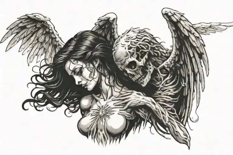 angel of death looking down at beautiful woman tattoo design idea