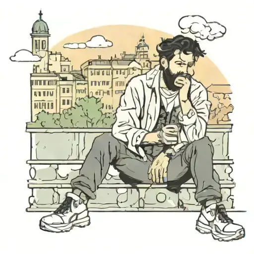 young man with black hair and beard smokes sitting on a low wall against a city background tattoo design idea