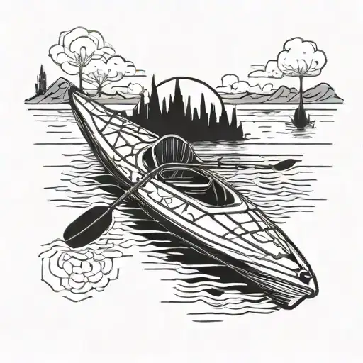 A minimalist tattoo design of a kayak floating on calm waters surrounded by Marvel-inspired elements, reflecting the client's love for kayaking and Marvel tattoo design idea