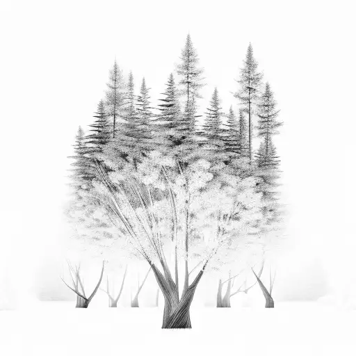 A mystical forest scene with trees made of guitar necks and drumsticks tattoo design idea