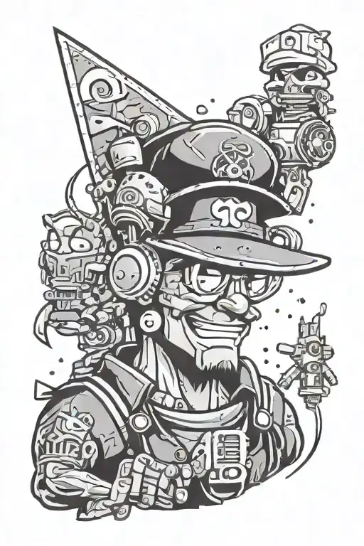 A portrait of the client as a video game character, surrounded by references to their favorite 90s cartoons in a minimalist dotwork style tattoo design idea