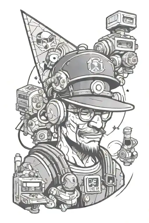 A portrait of the client as a video game character, surrounded by references to their favorite 90s cartoons in a minimalist dotwork style tattoo design idea