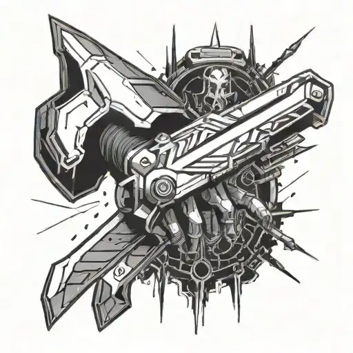 A futuristic cybernetic arm holding a glowing sword, symbolizing leveling up for the next fight tattoo design idea