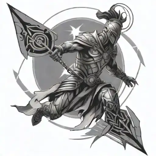 A stylized depiction of a warrior surrounded by arrows pointing towards a glowing orb, signifying the journey to the next level tattoo design idea