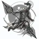 A stylized depiction of a warrior surrounded by arrows pointing towards a glowing orb, signifying the journey to the next level tattoo design idea