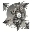 A stylized depiction of a warrior surrounded by arrows pointing towards a glowing orb, signifying the journey to the next level tattoo design idea