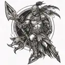 A stylized depiction of a warrior surrounded by arrows pointing towards a glowing orb, signifying the journey to the next level tattoo design idea