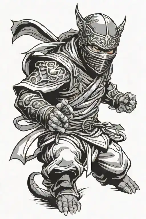 ninja in partial metal and cloth ninja suit wearing an oni mask with angry, evil, menacing expression tattoo design idea
