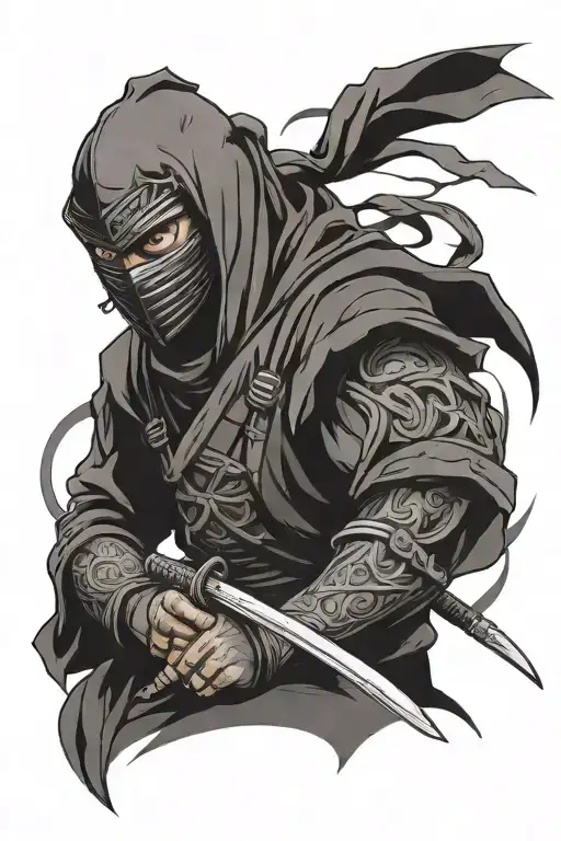 ninja in partial metal and cloth ninja suit wearing an oni mask with angry, evil, menacing expression tattoo design idea