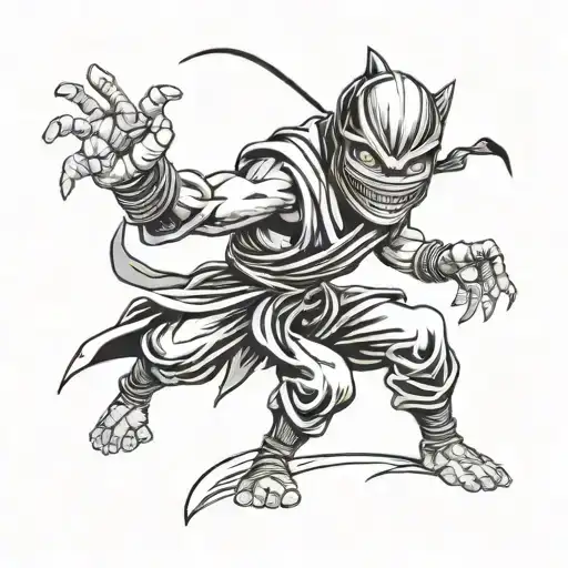A evil, menacing, eager to fight, jumping ninja with an angry, evil, eager to fight expression on their oni mask tattoo design idea