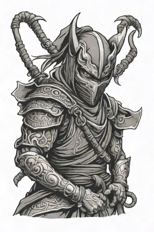 ninja in partial metal and cloth ninja suit wearing an oni demon mask with angry, evil, menacing expression tattoo design idea