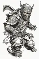 ninja in partial metal and cloth ninja suit wearing an oni mask with angry, evil, menacing expression tattoo design idea