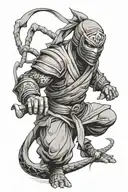 ninja in partial metal and cloth ninja suit wearing an oni mask with angry, evil, menacing expression tattoo design idea