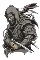 ninja in partial metal and cloth ninja suit wearing an oni mask with angry, evil, menacing expression tattoo design idea