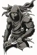 ninja in partial metal and cloth ninja suit wearing an oni mask with angry, evil, menacing expression tattoo design idea
