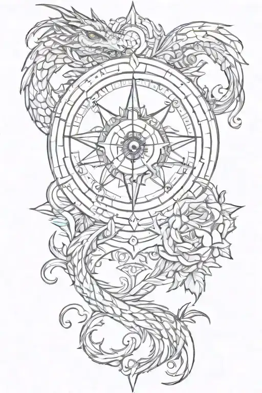 rose compass dragon tattoo design idea