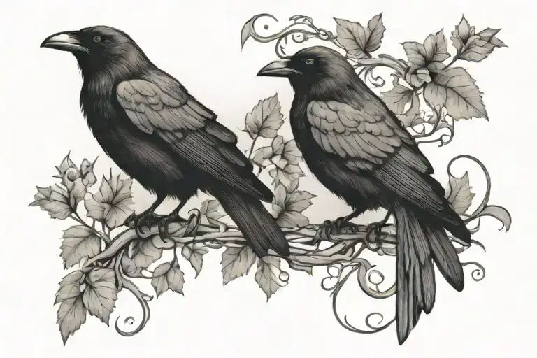 two crows making a vine thin long tattoo design idea