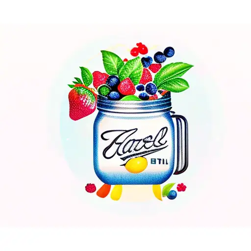 Jam jar overflowing with colorful fruit tattoo design idea