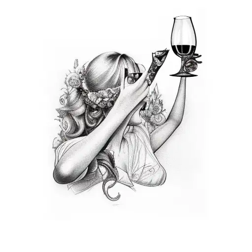 girl crossed leg hand on knee holding wine glass and other hand on cheek tattoo design idea