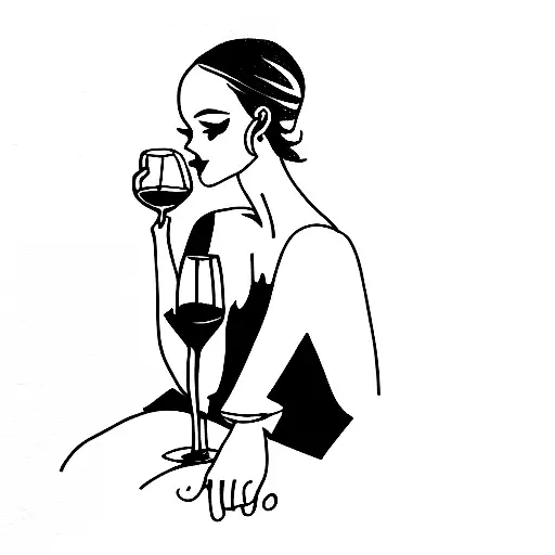 girl crossed leg hand on knee holding wine glass and other hand on cheek tattoo design idea