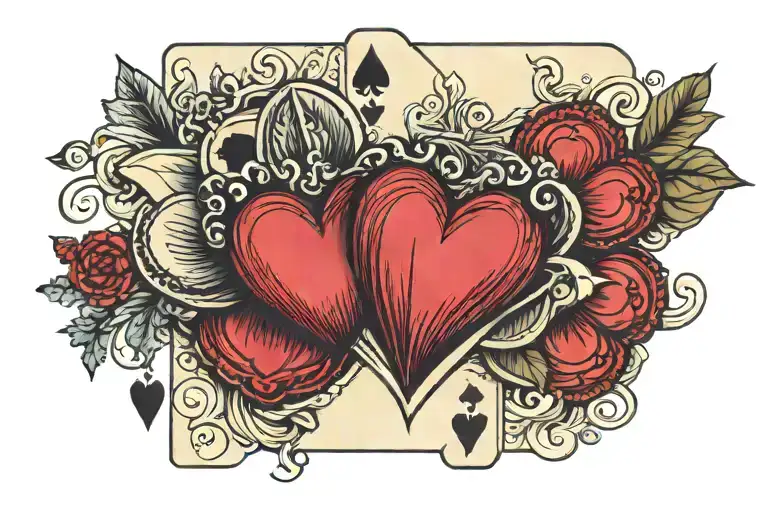 Incorporate the Three of Hearts playing card into a realistic poker hand.  tattoo design idea